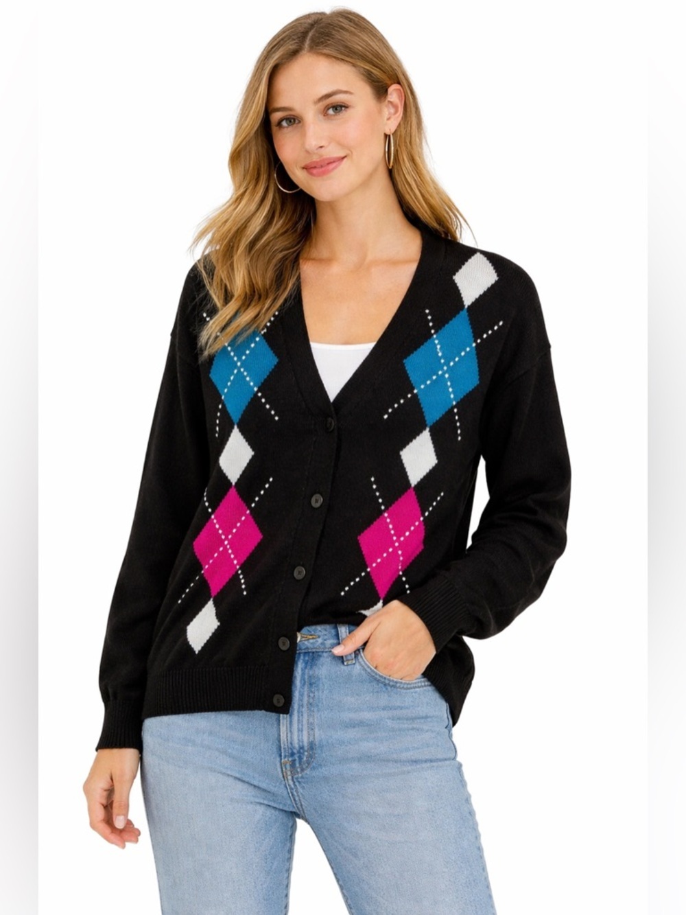 Preppy Y2K Argyle Cardigan Sweater Black Multicolor Oversized - small